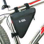 Black triangular bike frame bag with "B-SOUL" logo, featuring zippered storage and Velcro straps attached to a frame.
