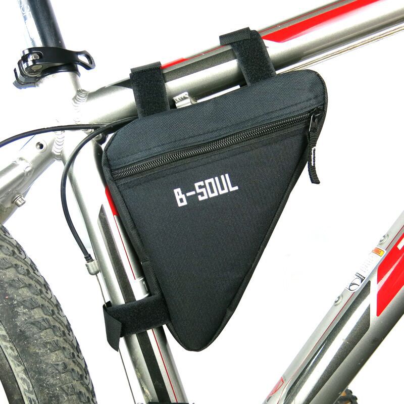 Black triangular bike frame bag with "B-SOUL" logo, featuring zippered storage and Velcro straps attached to a frame.