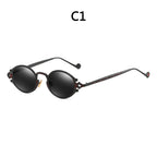 Retro black round steampunk sunglasses with red filigree metal frames and dark lenses. Labeled "C1".