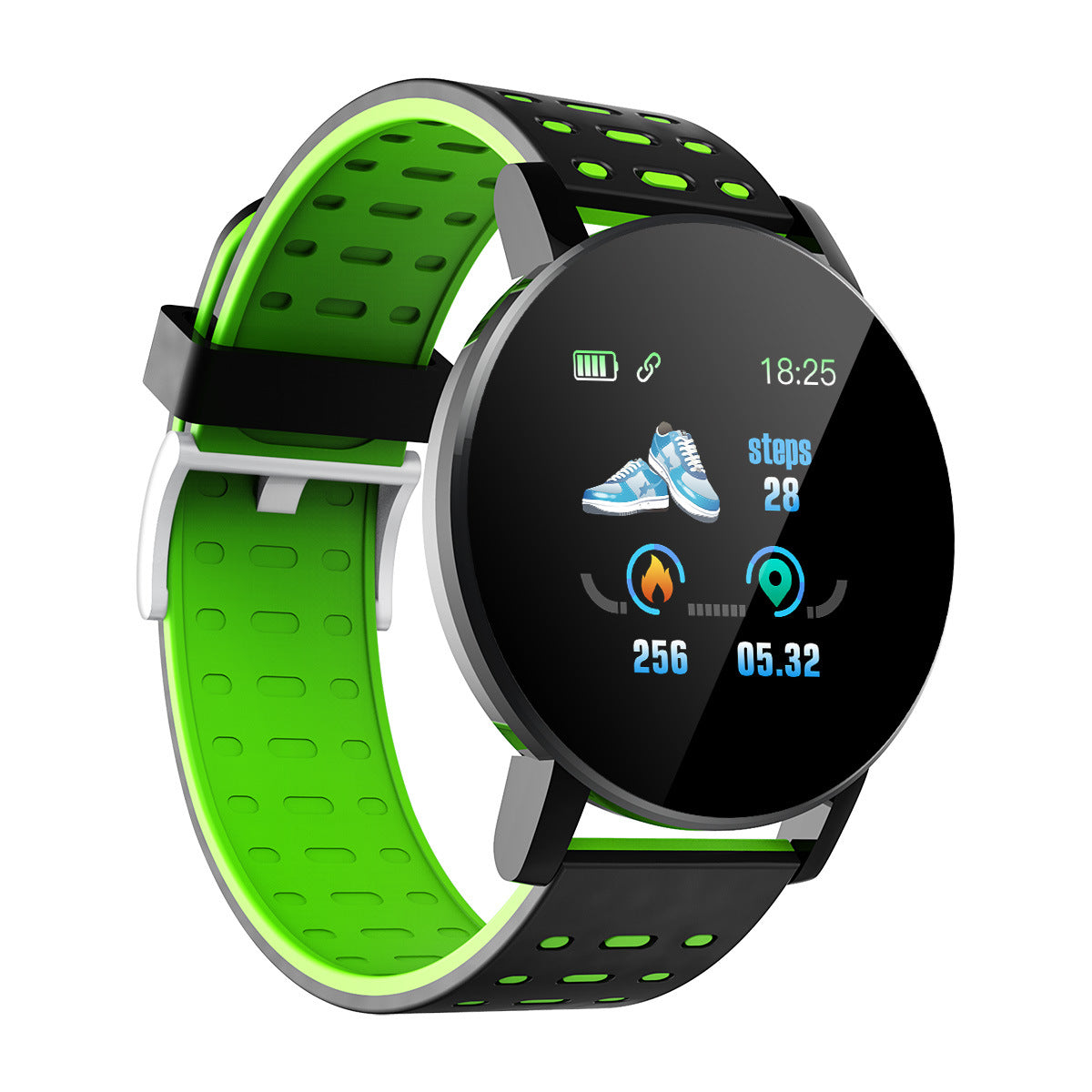 Digitaldistribution375 fitness tracker with round screen, black and green silicone strap, showing steps and heart rate.