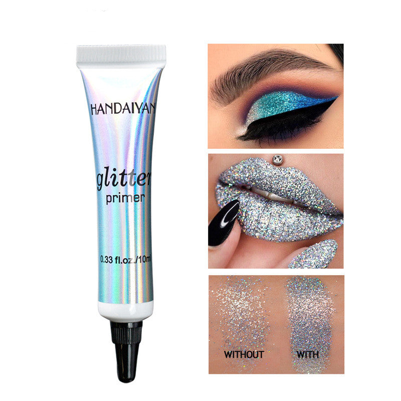 Handaiyan glitter primer in a holographic tube with examples of sparkly eye makeup, glittery lips, and skin swatches.