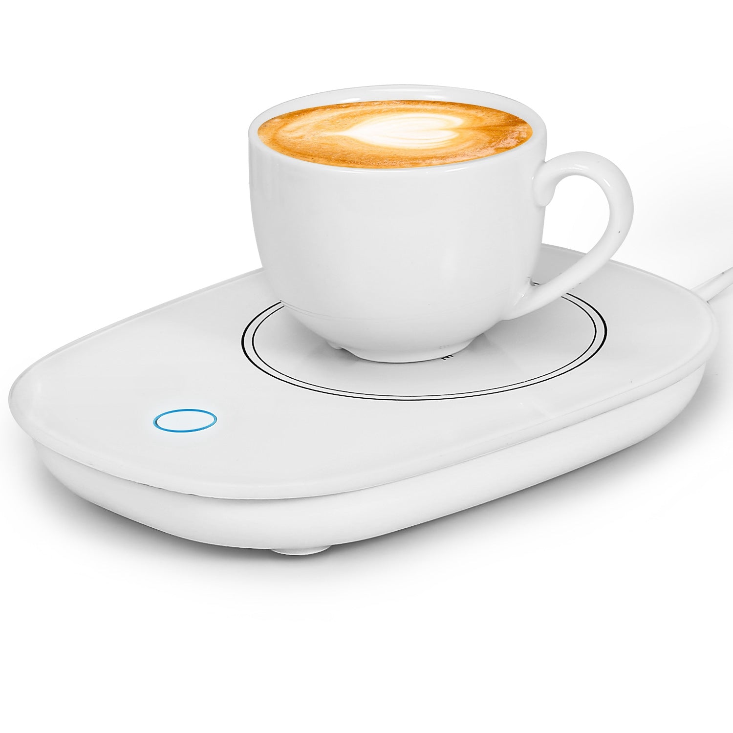 White electric mug warmer with a latte-filled white cup and a glowing blue power button on an oval base.