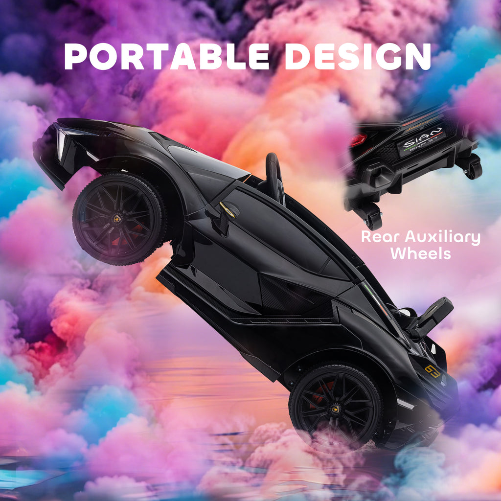 Black Lamborghini Sián kids' electric car tilted on auxiliary wheels against a colorful smoke background.