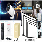 White HY300 portable projector with 84-inch screen, remote, manual, power cord, and retail box.