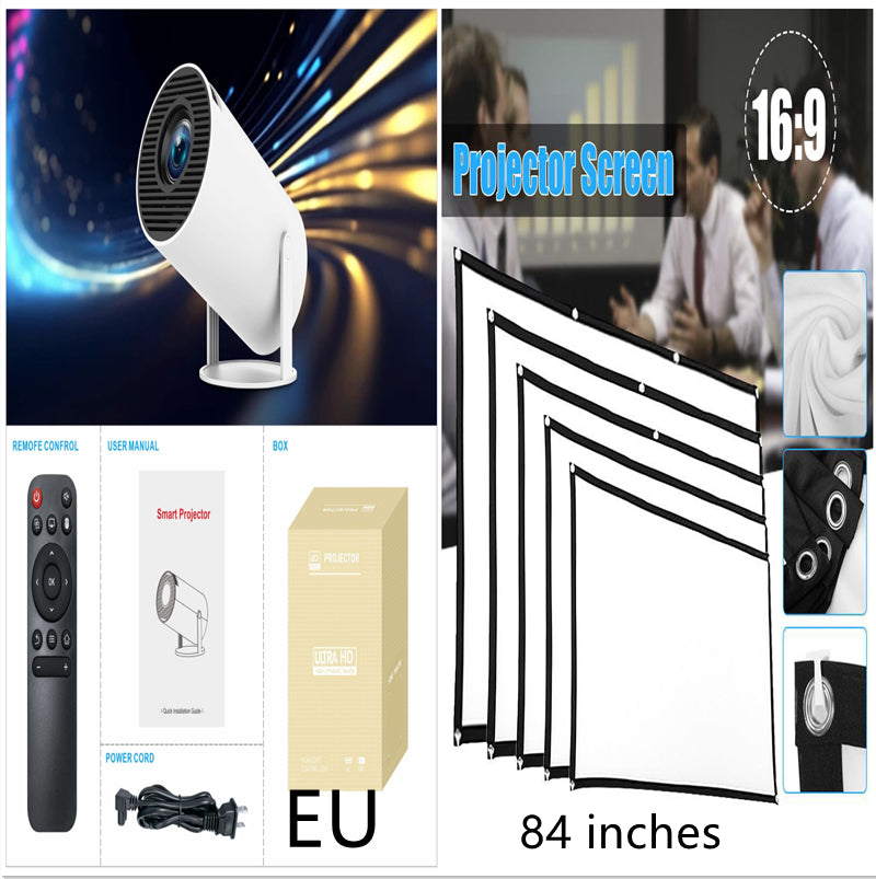 White HY300 portable projector with 84-inch screen, remote, manual, power cord, and retail box.