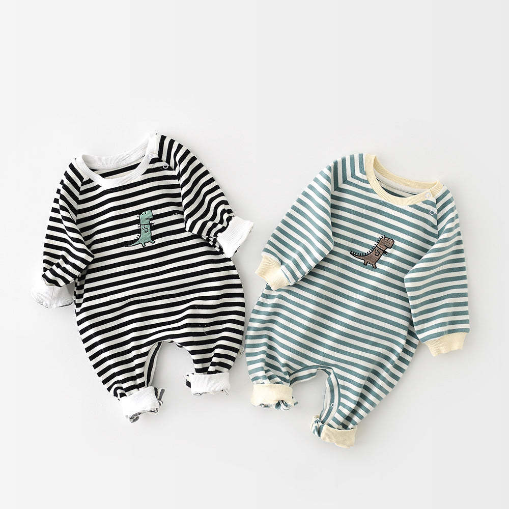 Two long-sleeved baby jumpsuits with stripes and cute embroidered dinosaurs on the chest against a white background.
