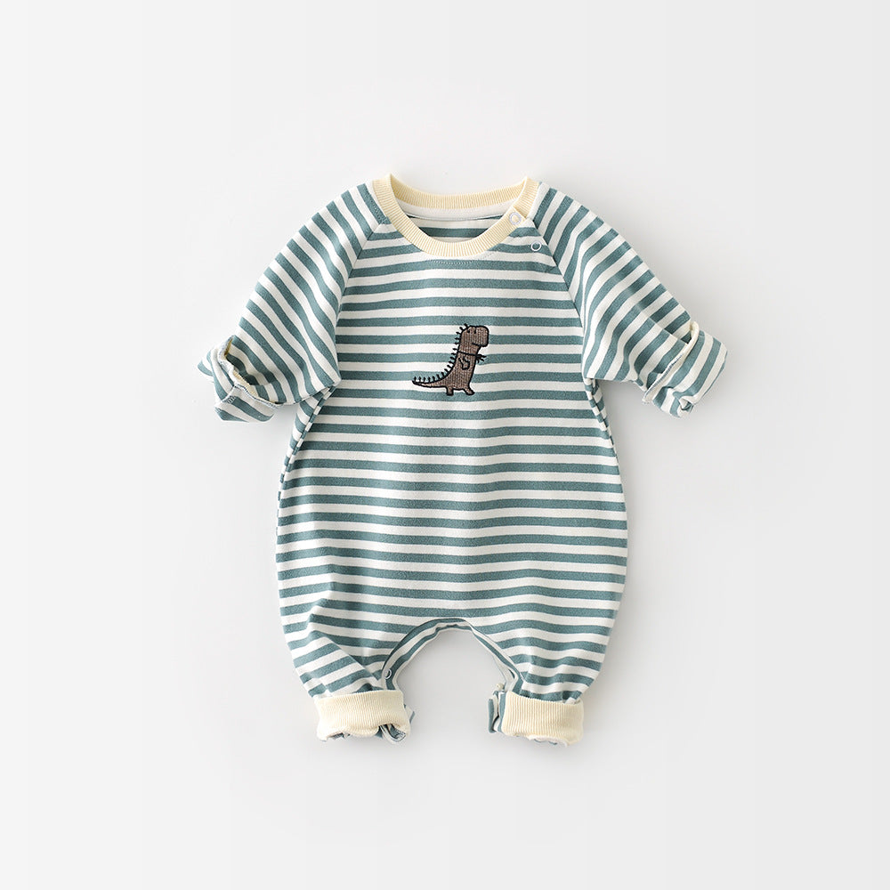 Long-sleeve baby jumpsuit in teal and white stripes with a small dinosaur embroidery and cream ribbed trim.