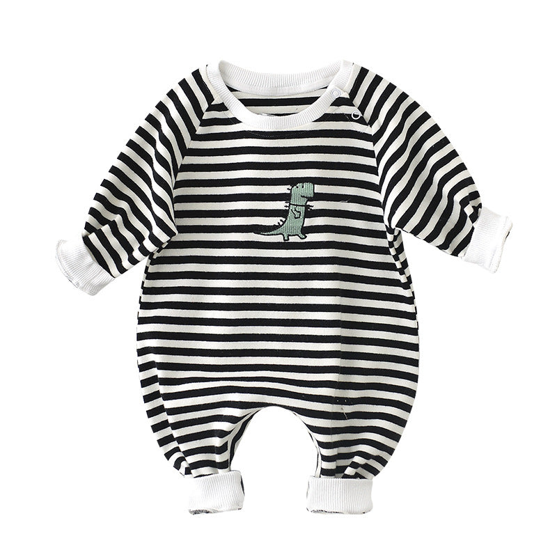 Long-sleeve baby jumpsuit with black and white horizontal stripes, ribbed white cuffs, and a green dinosaur embroidery.