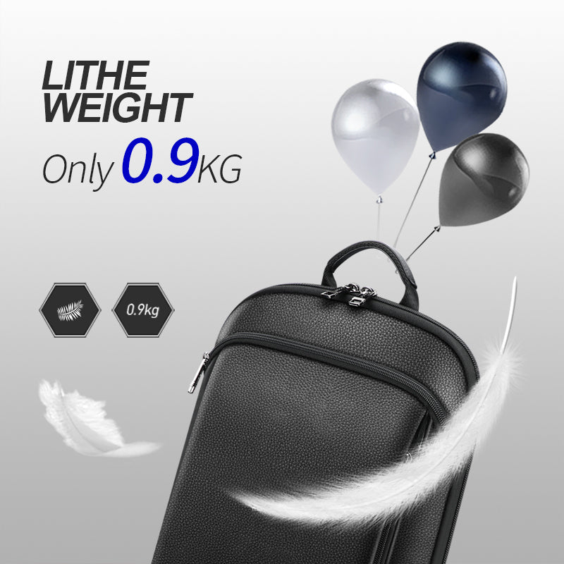 Black leather backpack with layered design and text highlighting its 0.9kg lightweight feature.