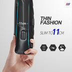 A hand holds a slim black leather backpack with a built-in USB charging port and an 11cm profile width.