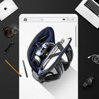 Black leather backpack with blue interior, organized compartments, laptop sleeve, and USB charging feature.