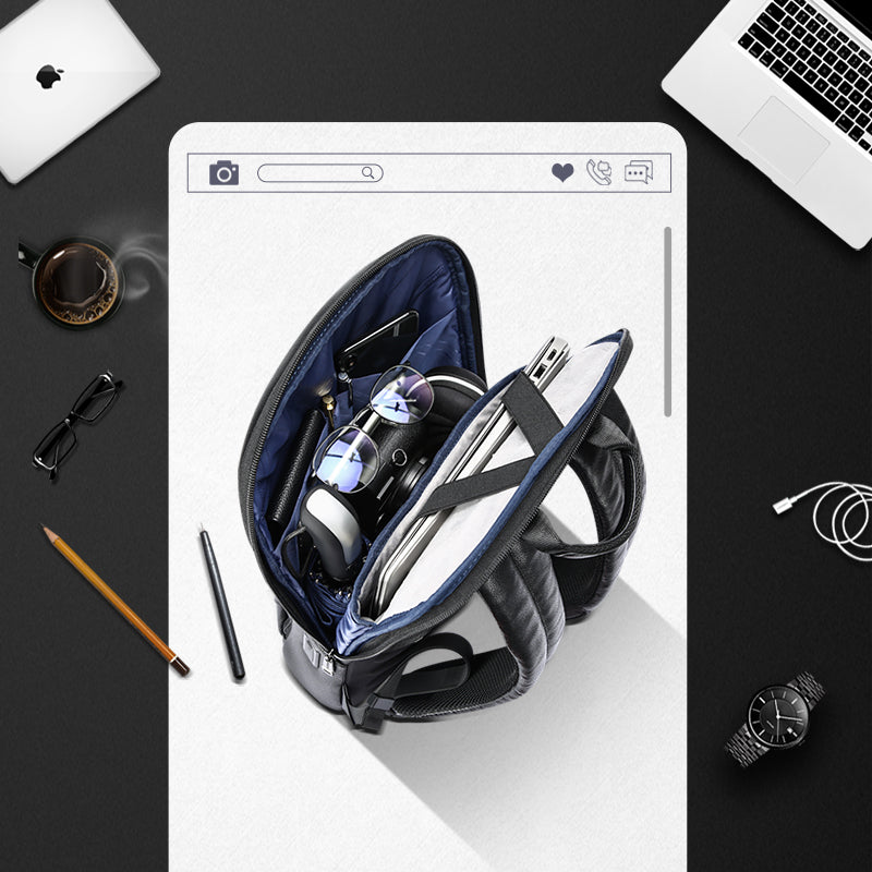 Black leather backpack with blue interior, organized compartments, laptop sleeve, and USB charging feature.