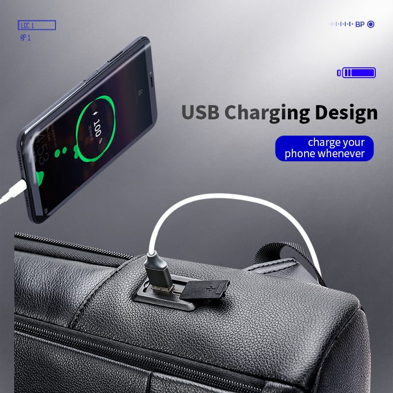 Black textured leather backpack with an integrated USB charging port connected to a smartphone.