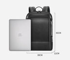 Black leather backpack with a silver laptop, USB port, and 43x30x11cm dimensions indicated.