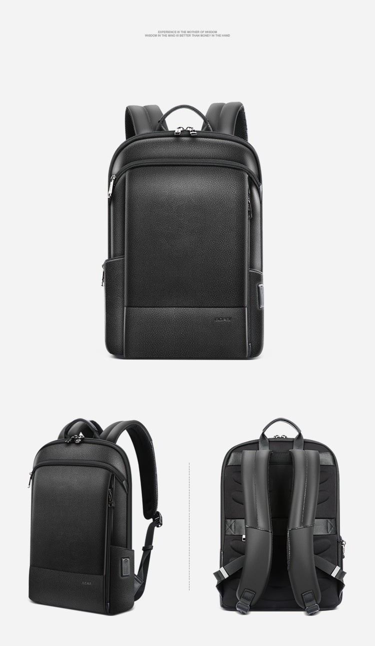 Black leather backpack with multiple compartments, padded straps, and integrated USB charging port.