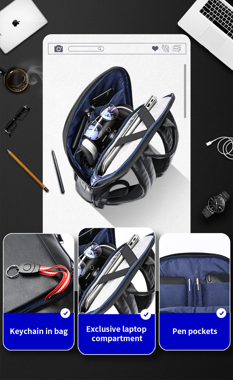 Black leather backpack with blue lining, organized pockets, laptop compartment, and keychain, set against a black desk.