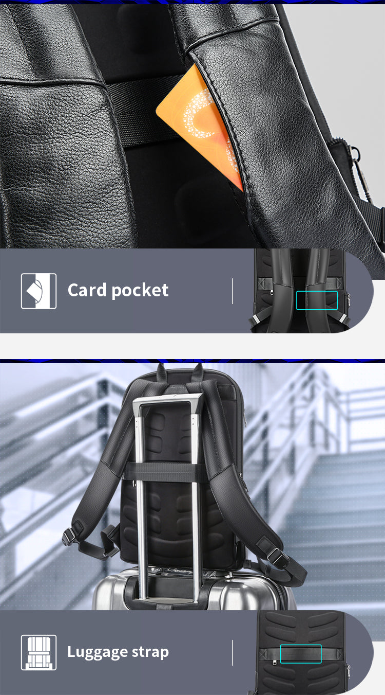 Black leather backpack by Digitaldistribution375 featuring a strap card pocket and a rear luggage strap.