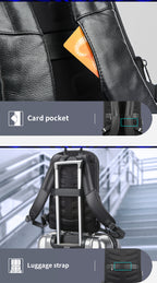 Black leather backpack by Digitaldistribution375 featuring a strap card pocket and a rear luggage strap.