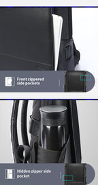 Black leather backpack with USB charging port, featuring a front zippered pocket and a hidden side pocket for a bottle.
