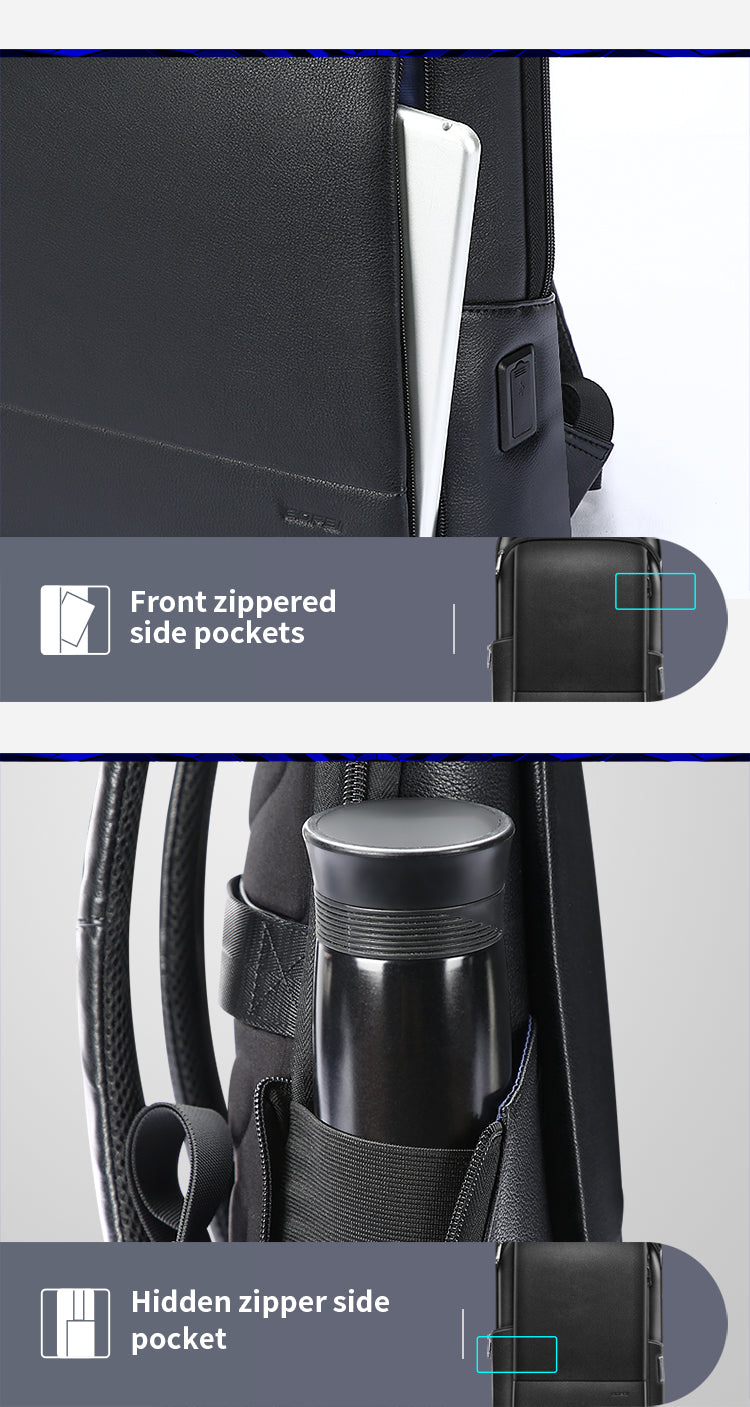 Black leather backpack with USB charging port, featuring a front zippered pocket and a hidden side pocket for a bottle.
