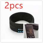Two dark grey knit wireless Bluetooth headbands for sports with integrated music control buttons and product packaging.
