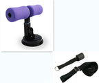 Purple foam sit-up bar with black metal suction base, and a separate black adjustable exercise strap with door anchor.