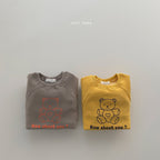 Two soft, long-sleeve baby sweatshirts in grey and yellow, featuring a bear graphic and "How about you?" text.