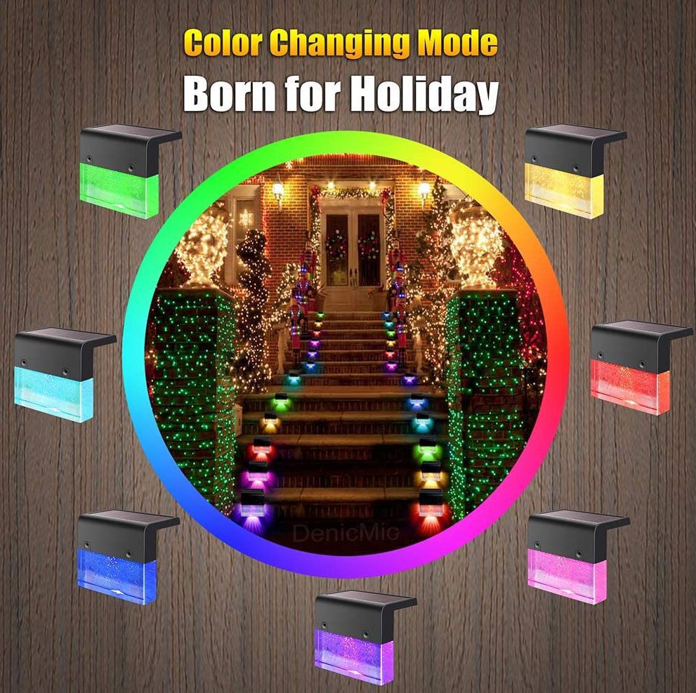 Waterproof RGB solar deck lights in black frames, shown with color-changing glow on a holiday-lit staircase.