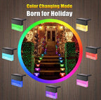 Waterproof RGB solar deck lights in black frames, shown with color-changing glow on a holiday-lit staircase.