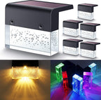 Waterproof solar fence lights with black housing and clear bubble-glass lenses, featuring warm and RGB color modes.