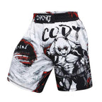White athletic shorts with red and black graphic panda print and "SPORT" waistband, ideal for MMA or training.