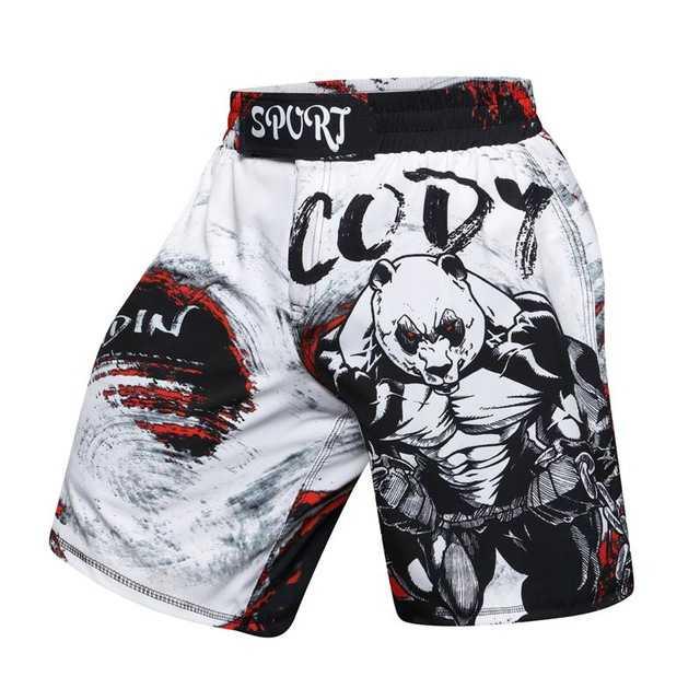 White athletic shorts with red and black graphic panda print and "SPORT" waistband, ideal for MMA or training.