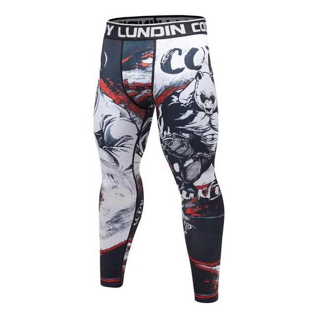 Men's compression leggings in black, white, and red with a panda graphic, elastic waist, and athletic print design.