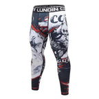 Men's compression leggings in black, white, and red with a panda graphic, elastic waist, and athletic print design.