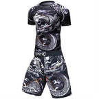 Men’s black compression shirt and matching shorts set featuring a white dragon graphic print and "SPORT" waistband.