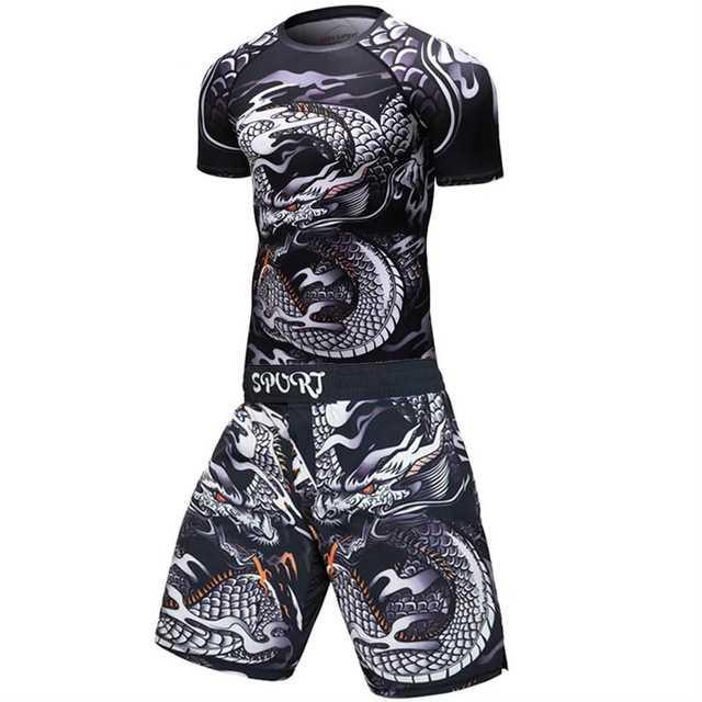 Men’s black compression shirt and matching shorts set featuring a white dragon graphic print and "SPORT" waistband.