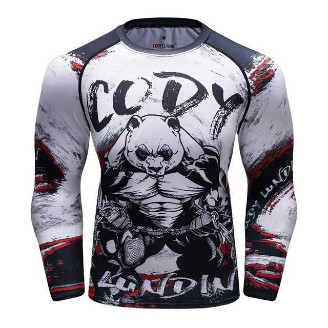 Long-sleeve compression shirt with a muscular panda graphic, "Cody Lundin" text, and red/black/white abstract accents.