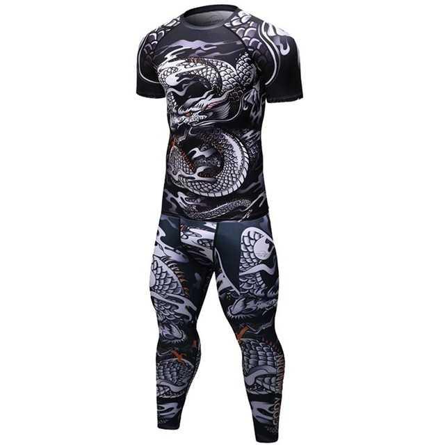 Men's compression sport set featuring a black and white dragon print on form-fitting, moisture-wicking fabric.