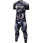 Men's compression sport set featuring a black and white dragon print on form-fitting, moisture-wicking fabric.