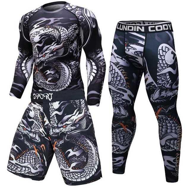 Men’s compression sport set with black, white, and grey dragon print long-sleeve top, shorts, and matching leggings.