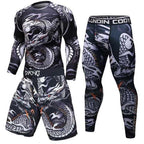 Men’s compression sport set with black, white, and grey dragon print long-sleeve top, shorts, and matching leggings.
