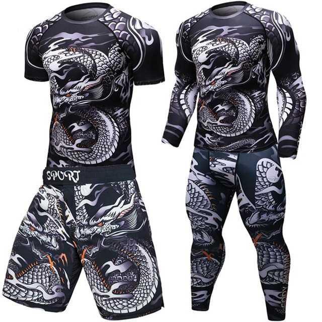 Black and white dragon-print compression sport sets for men, featuring short and long-sleeve tops with matching shorts.