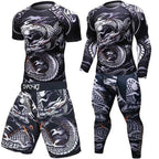Black and white dragon-print compression sport sets for men, featuring short and long-sleeve tops with matching shorts.