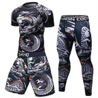 Men’s black compression sport set featuring a white dragon print, short-sleeve top, athletic shorts, and leggings.
