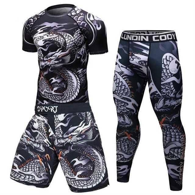 Men’s black compression sport set featuring a white dragon print, short-sleeve top, athletic shorts, and leggings.