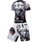 Men's athletic two-piece set featuring a compression shirt and shorts with a black-and-white muscular panda graphic.