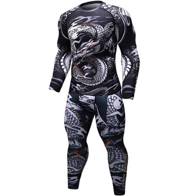 Men’s black and grey compression sport set with long sleeves and leggings, featuring a detailed dragon print pattern.