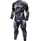 Men’s black and grey compression sport set with long sleeves and leggings, featuring a detailed dragon print pattern.
