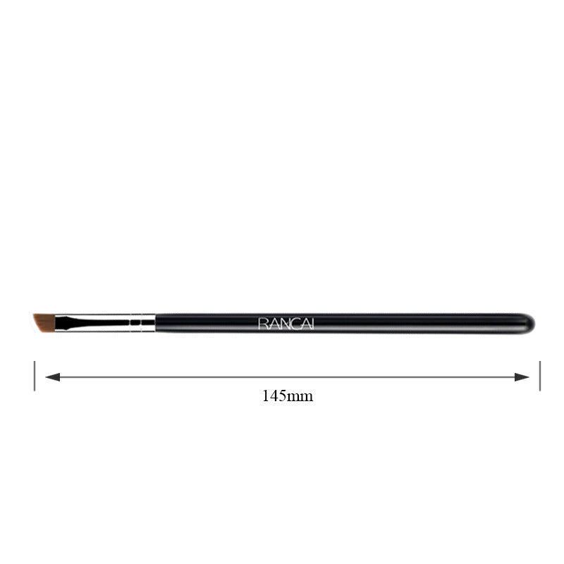 Black angled eyebrow brush with a silver ferrule, measuring 145mm long. Brand name "RANCAI" printed on the handle.