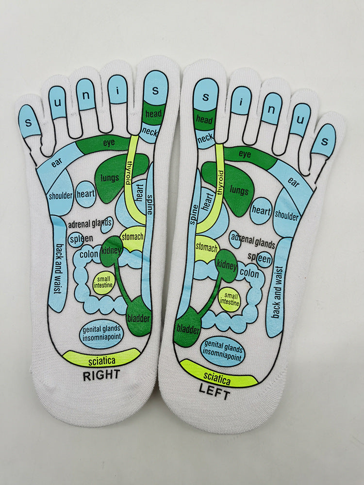 White reflexology socks with a colorful foot map illustrating acupressure points for health and massage guidance.